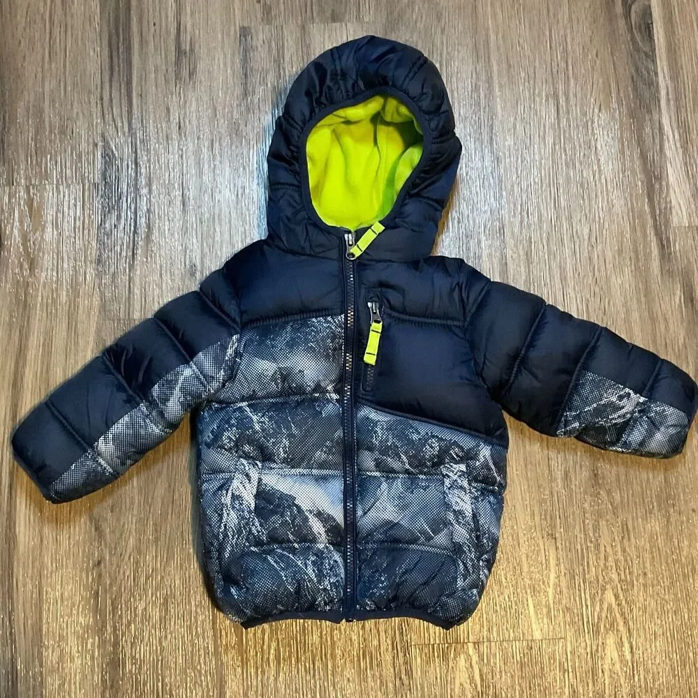 SNOZU KIDS BOYS PUFFER FLEECE LINED SKI JACKET 2T HOODED WINTER COAT BLUE YELLOW